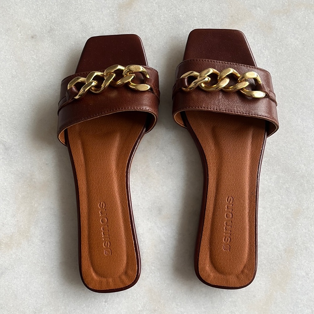 Simons Brown Leather Slide Sandals with Gold Chain